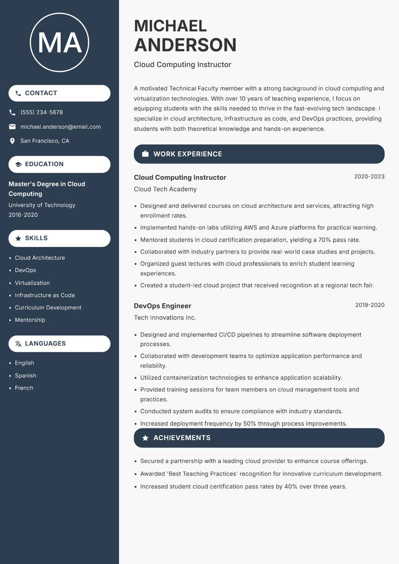 Technical Faculty resume sample — Cloud Computing Instructor focus