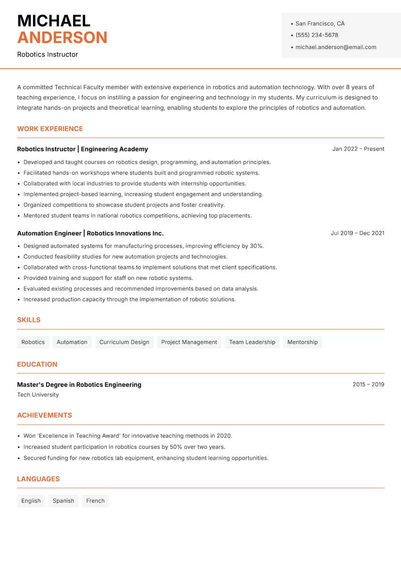 Technical Faculty resume sample — Robotics Instructor focus