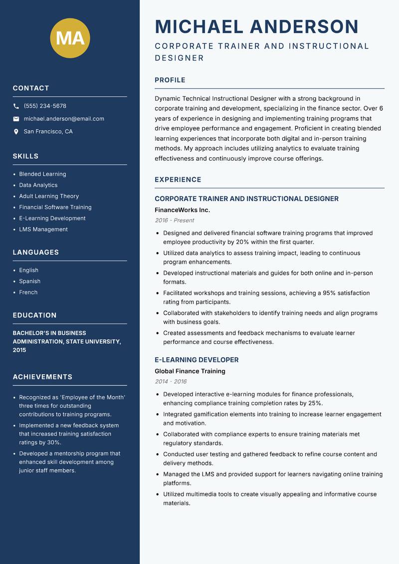 Technical Instructional Designer resume sample — Corporate Trainer and Instructional Designer focus
