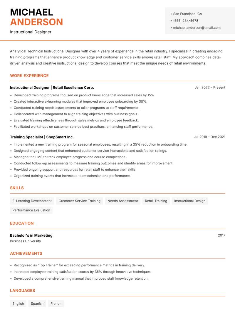 Technical Instructional Designer resume sample — Instructional Designer focus