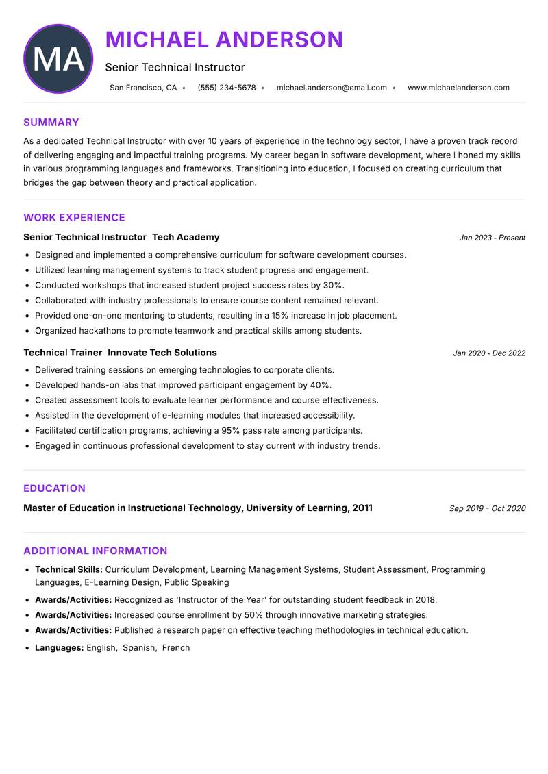 Technical Instructor resume example