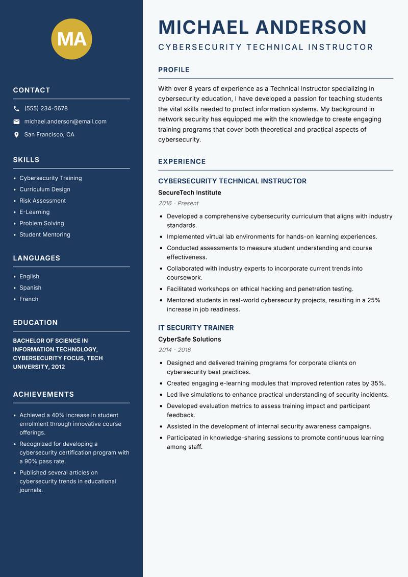 Technical Instructor resume sample — Cybersecurity Technical Instructor focus