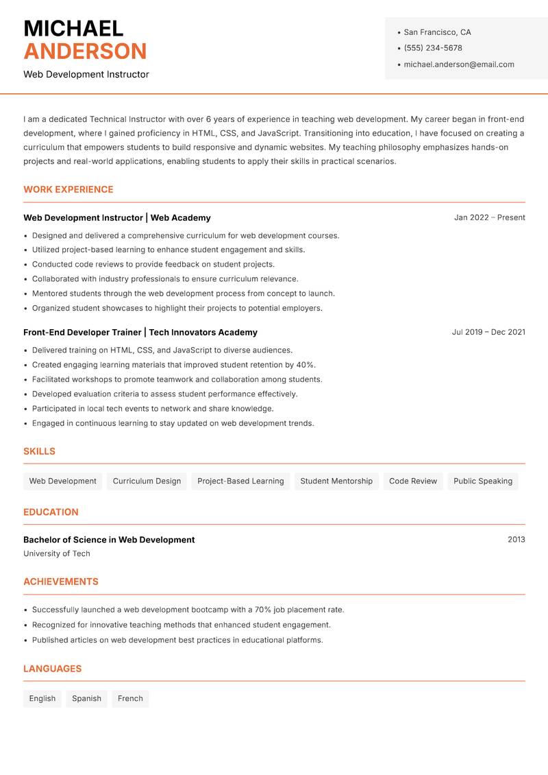 Technical Instructor resume sample — Web Development Instructor focus