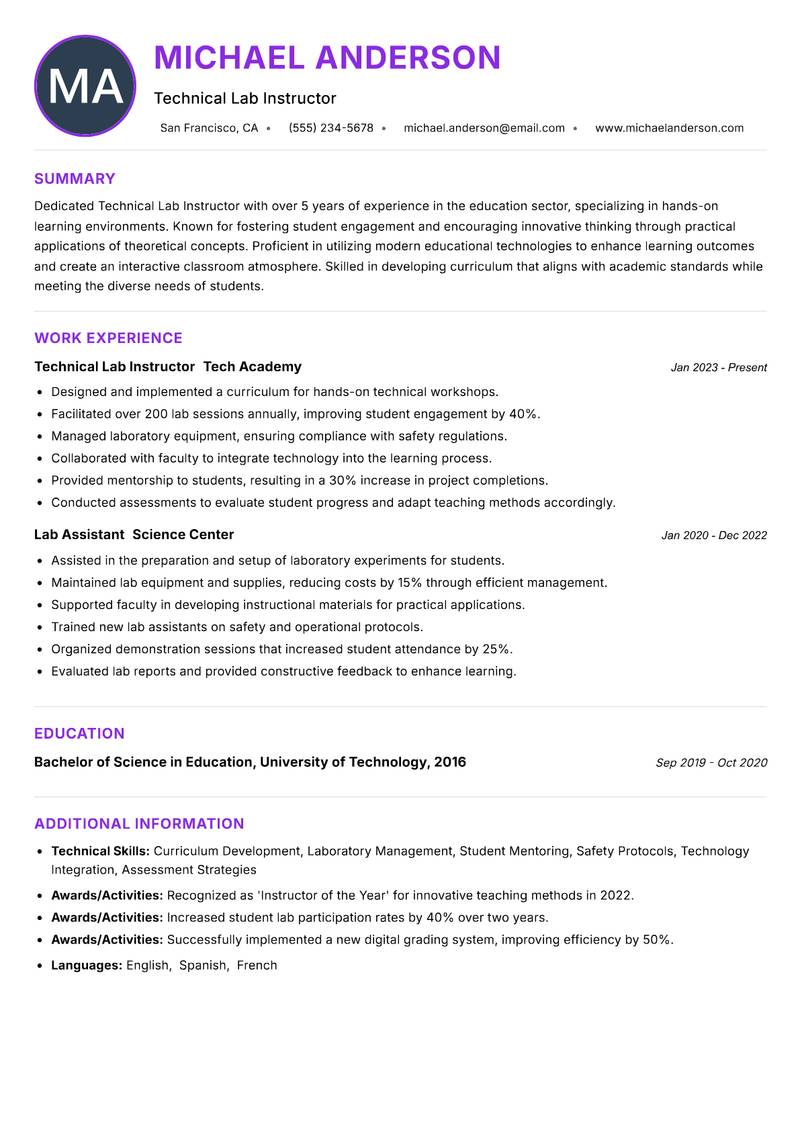Technical Lab Instructor resume example