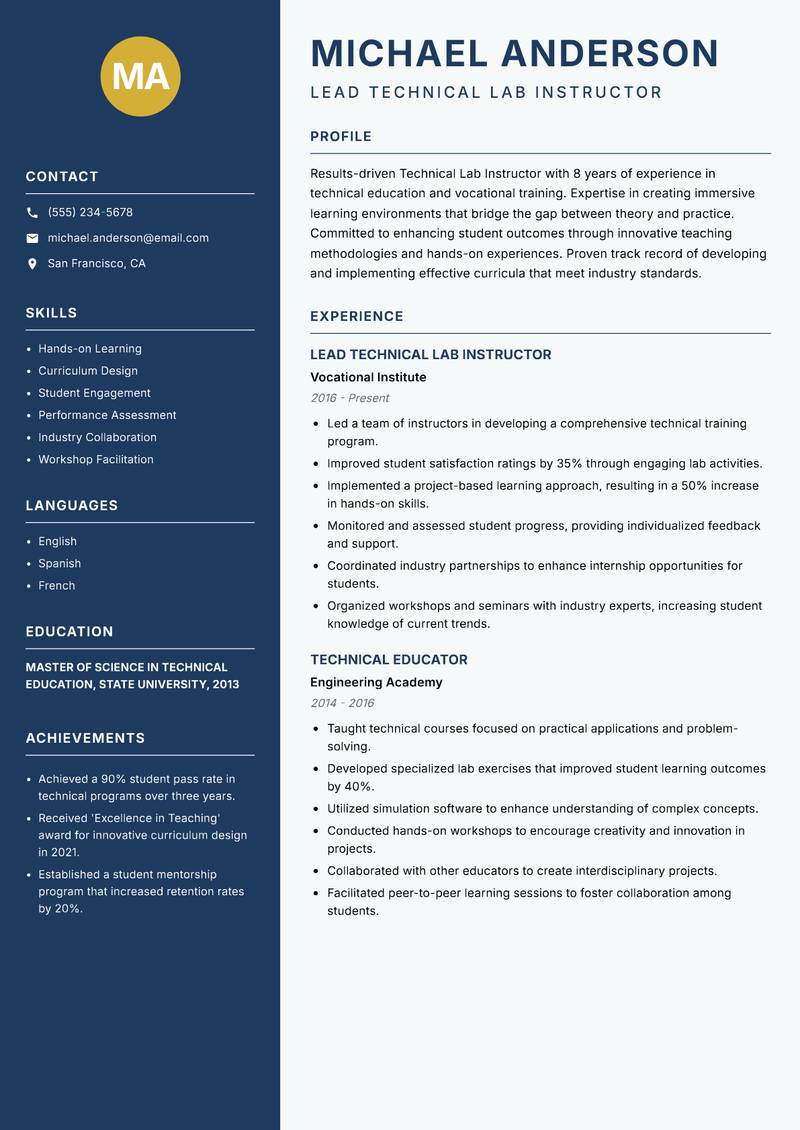 Technical Lab Instructor resume sample — Lead Technical Lab Instructor focus