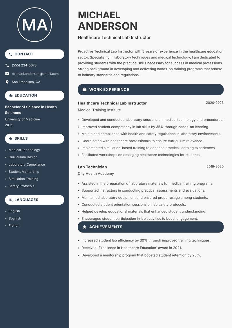 Technical Lab Instructor resume sample — Healthcare Technical Lab Instructor focus