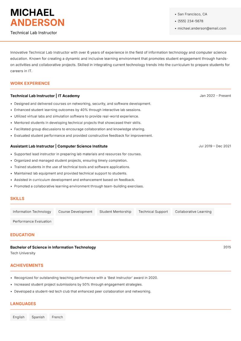 Technical Lab Instructor resume sample — Technical Lab Instructor focus