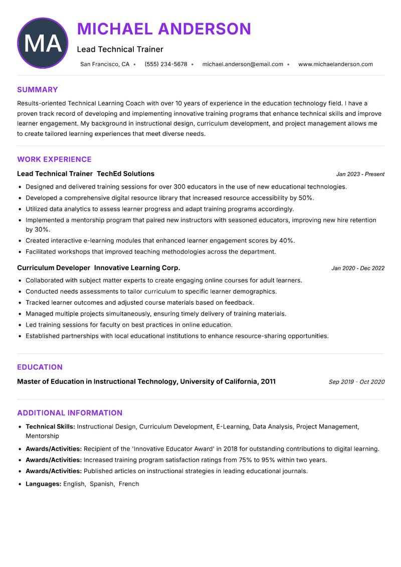 Technical Learning Coach resume example
