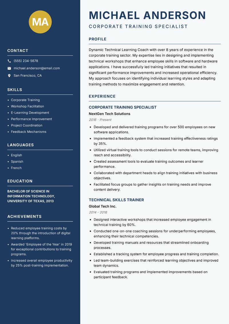Technical Learning Coach resume sample — Corporate Training Specialist focus