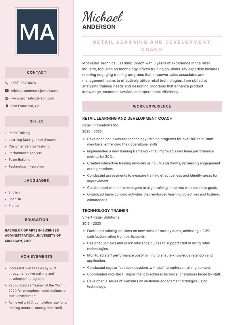 Technical Learning Coach resume sample — Retail Learning and Development Coach focus
