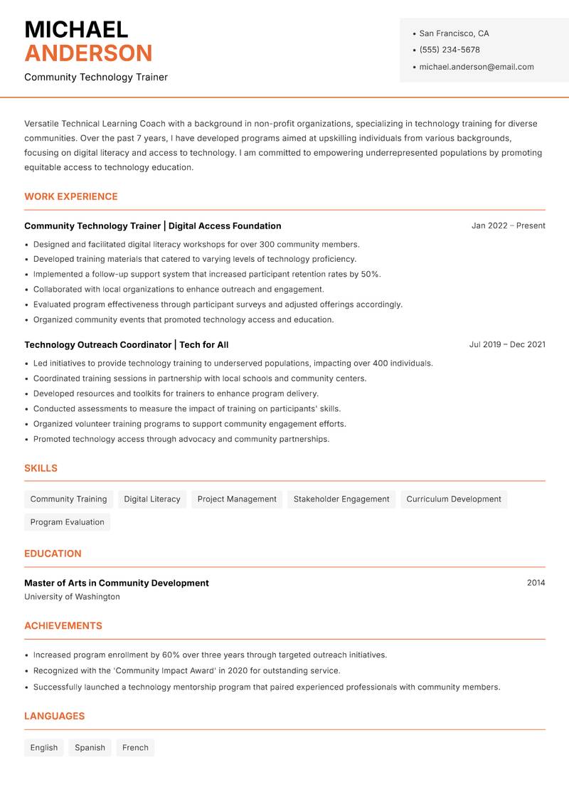 Technical Learning Coach resume sample — Community Technology Trainer focus