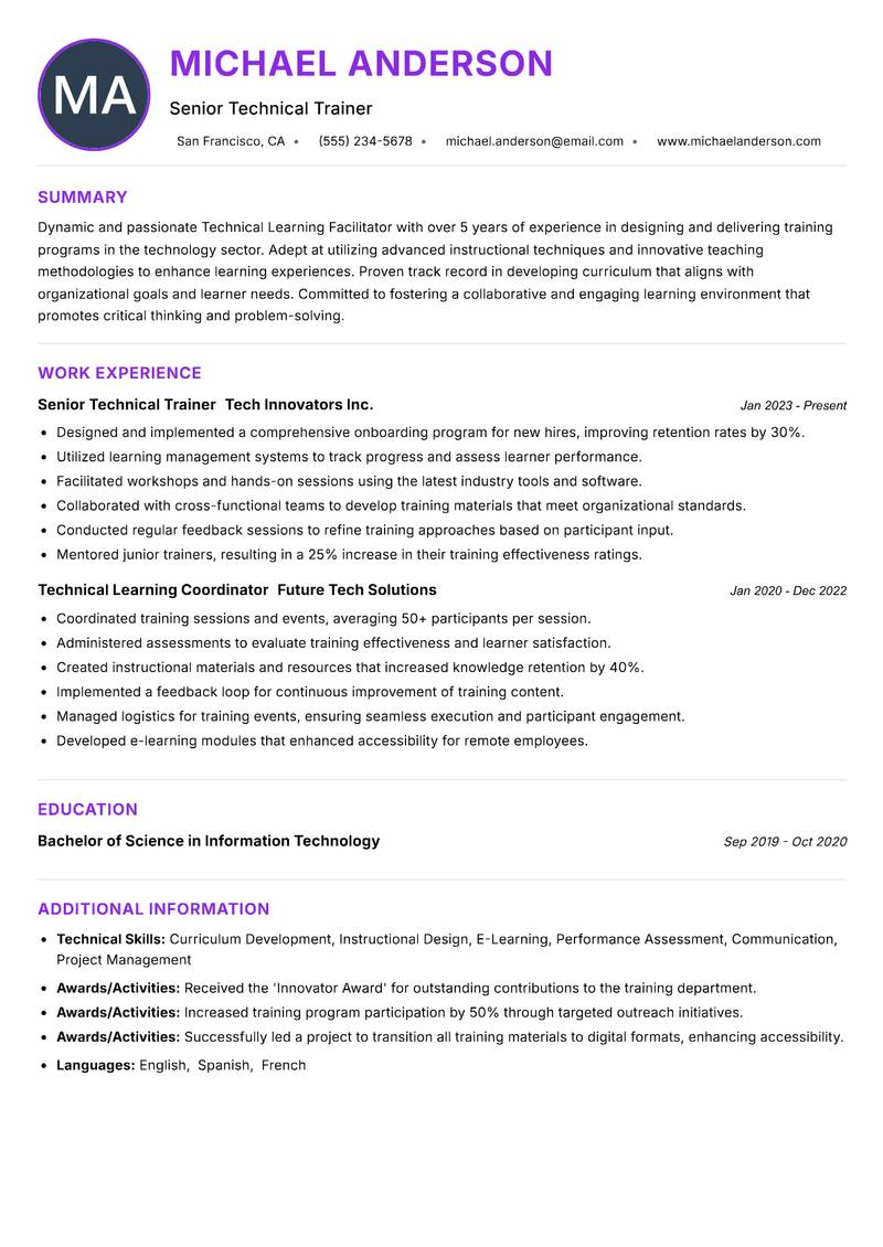 Technical Learning Facilitator resume example
