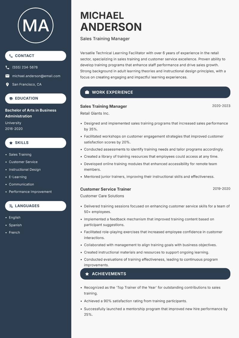 Technical Learning Facilitator resume sample — Sales Training Manager focus