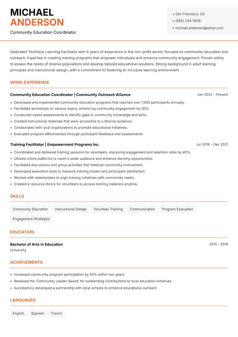 Technical Learning Facilitator resume sample — Community Education Coordinator focus