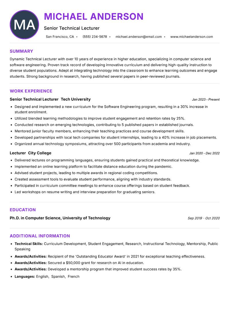 Technical Lecturer resume example