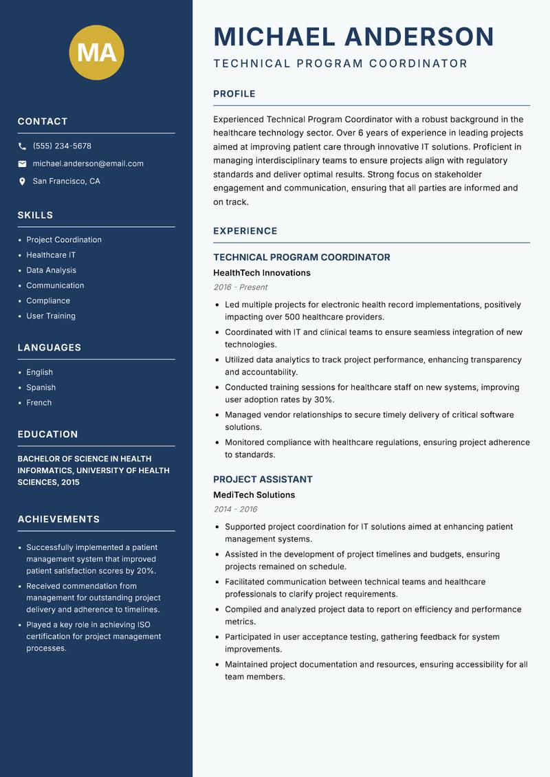 Technical Program Coordinator resume sample — Technical Program Coordinator focus