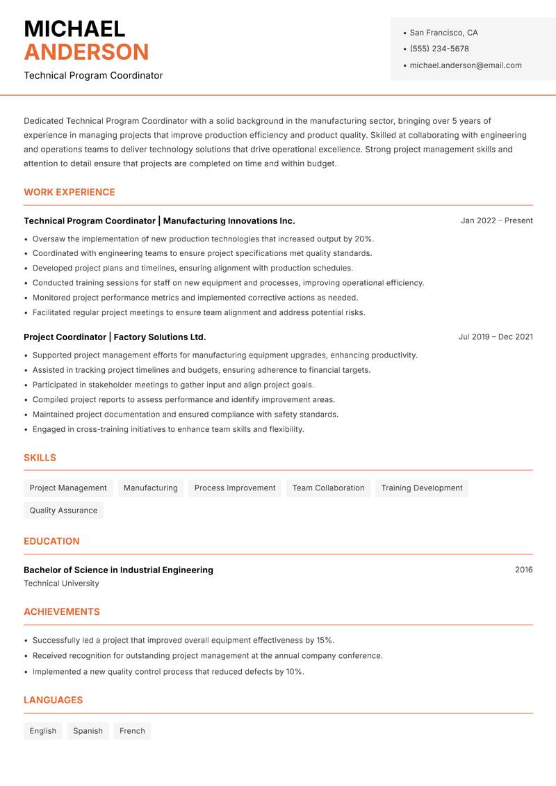 Technical Program Coordinator resume sample — Technical Program Coordinator focus