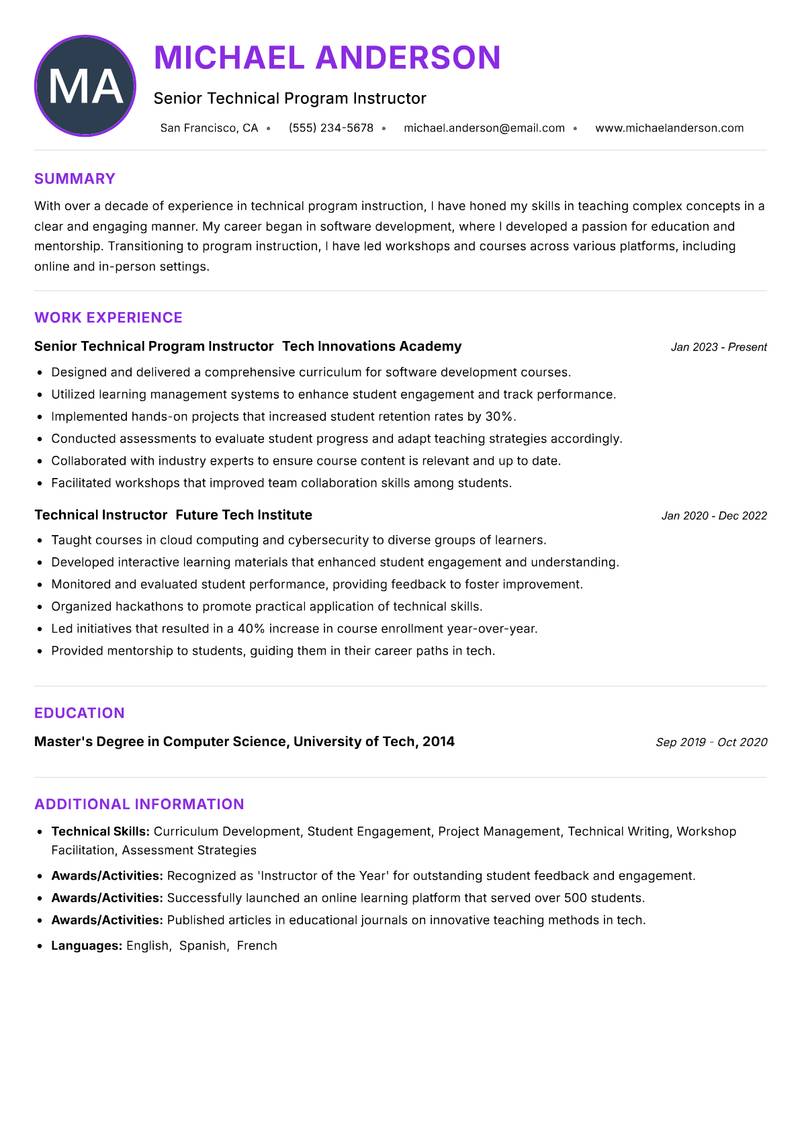 Technical Program Instructor resume example