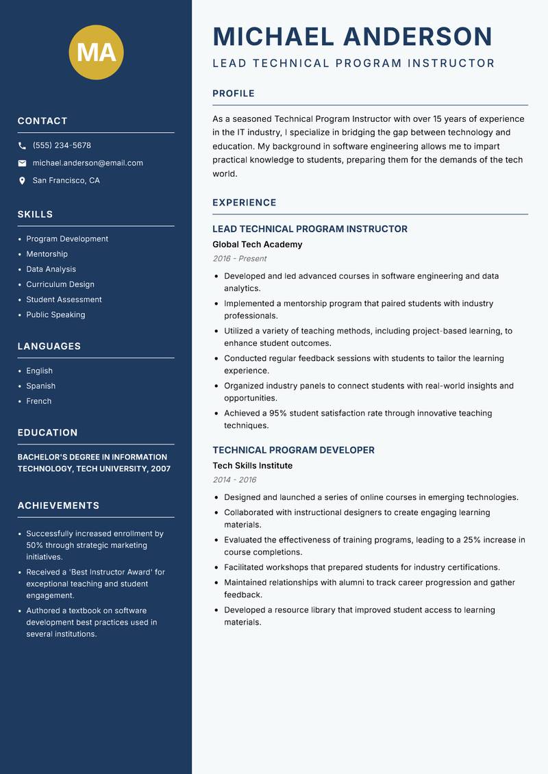 Technical Program Instructor resume sample — Lead Technical Program Instructor focus