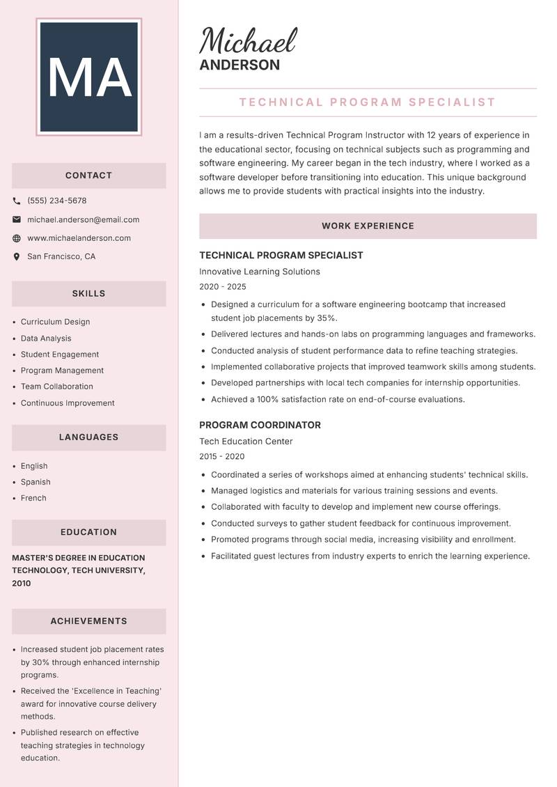 Technical Program Instructor resume sample — Technical Program Specialist focus