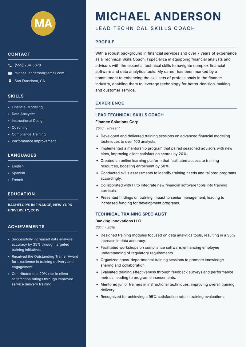 Technical Skills Coach resume sample — Lead Technical Skills Coach focus