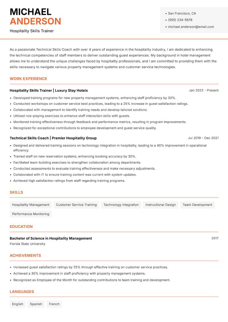 Technical Skills Coach resume sample — Hospitality Skills Trainer focus
