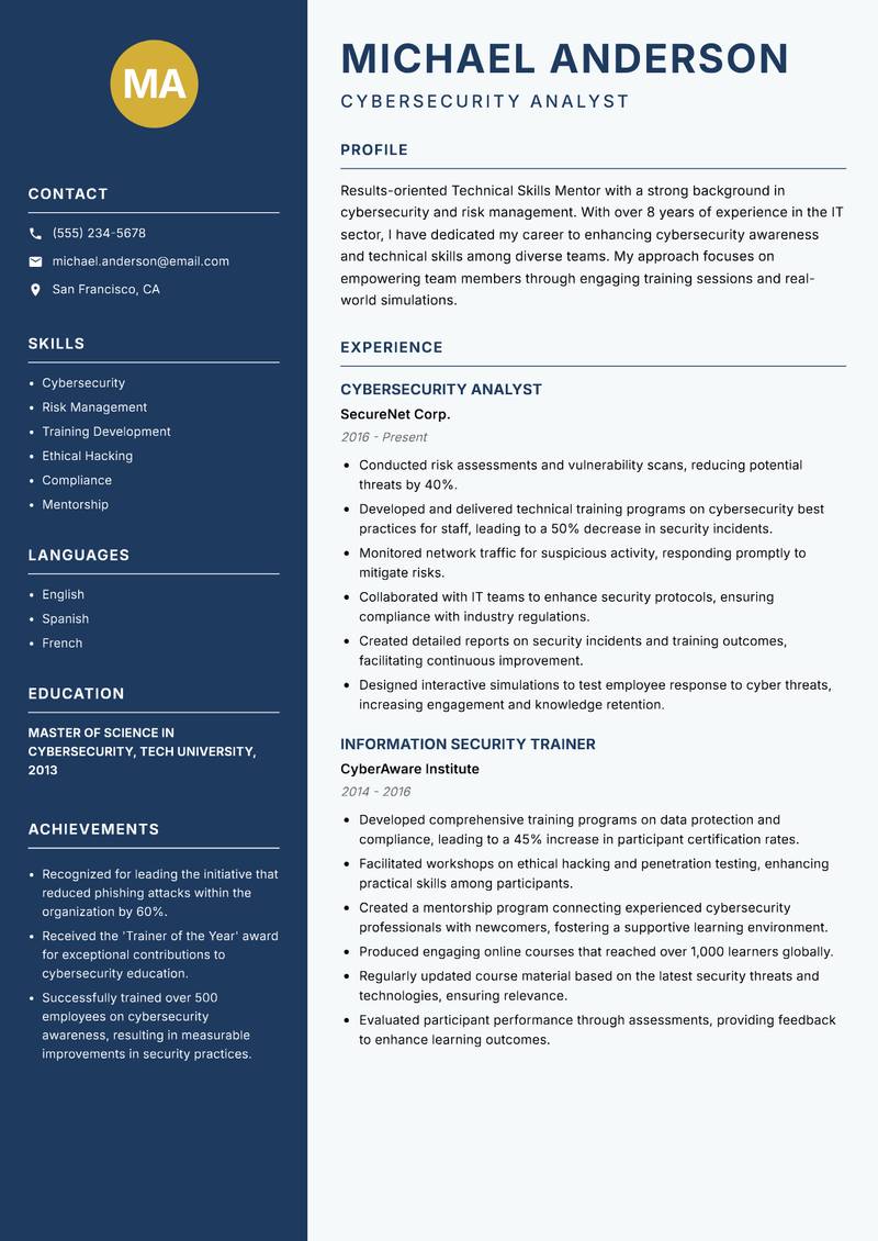 Technical Skills Mentor resume sample — Cybersecurity Analyst focus