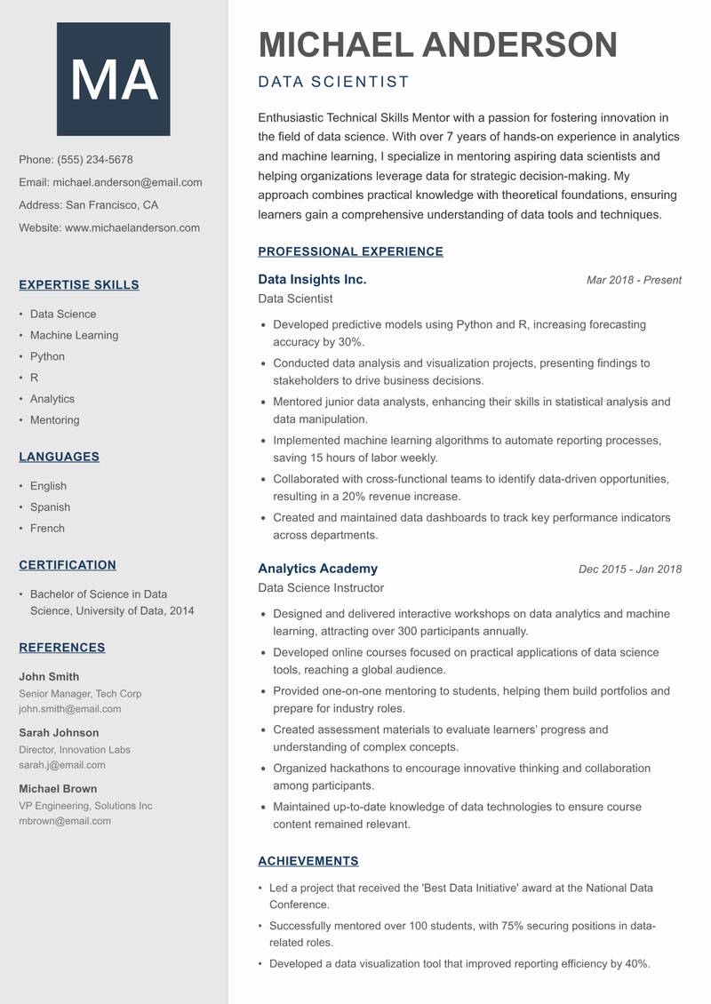 Technical Skills Mentor resume sample — Data Scientist focus