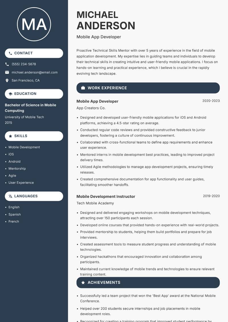 Technical Skills Mentor resume sample — Mobile App Developer focus
