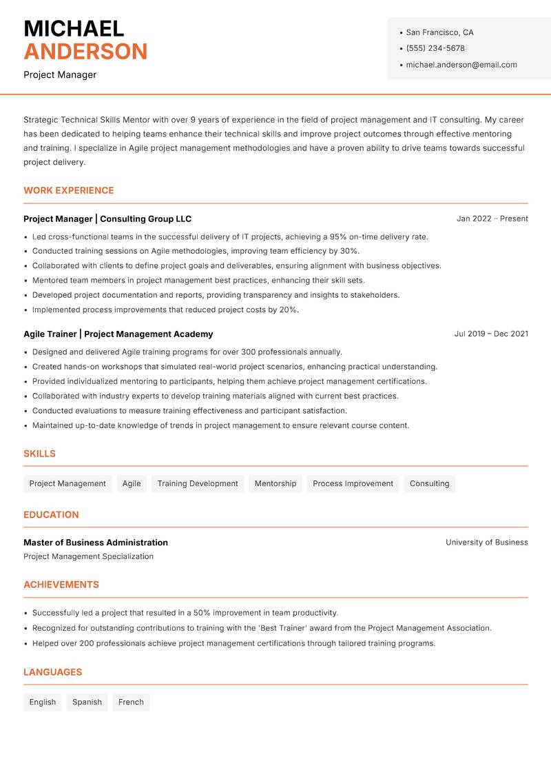 Technical Skills Mentor resume sample — Project Manager focus