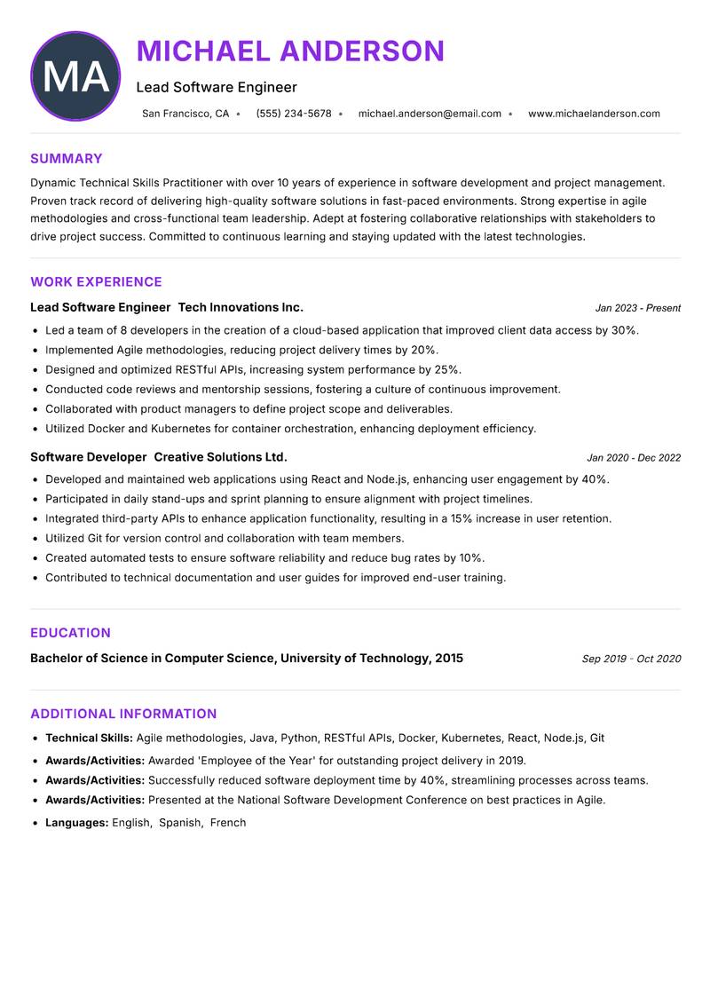 Technical Skills Practitioner resume example