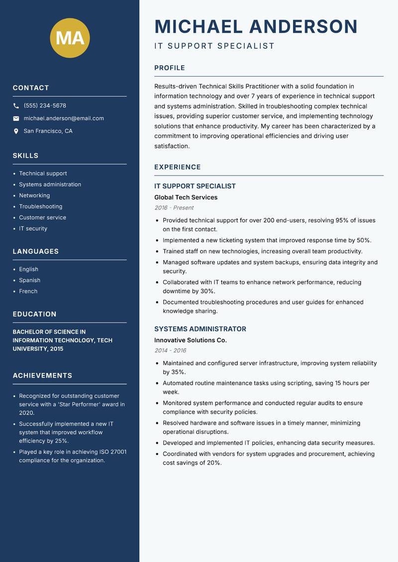 Technical Skills Practitioner resume sample — IT Support Specialist focus
