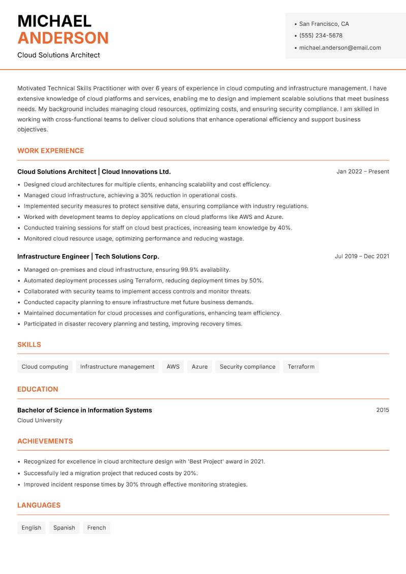 Technical Skills Practitioner resume sample — Cloud Solutions Architect focus