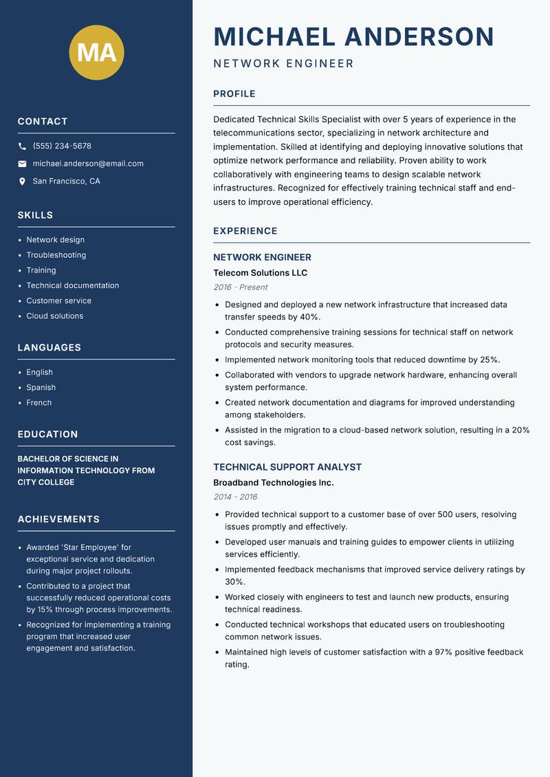 Technical Skills Specialist resume sample — Network Engineer focus