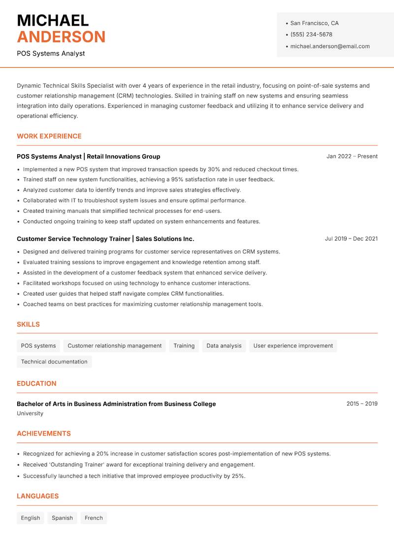 Technical Skills Specialist resume sample — POS Systems Analyst focus
