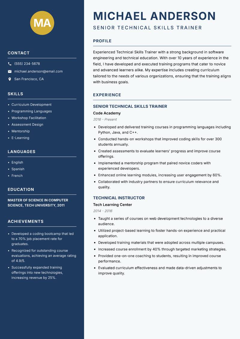 Technical Skills Trainer resume sample — Senior Technical Skills Trainer focus