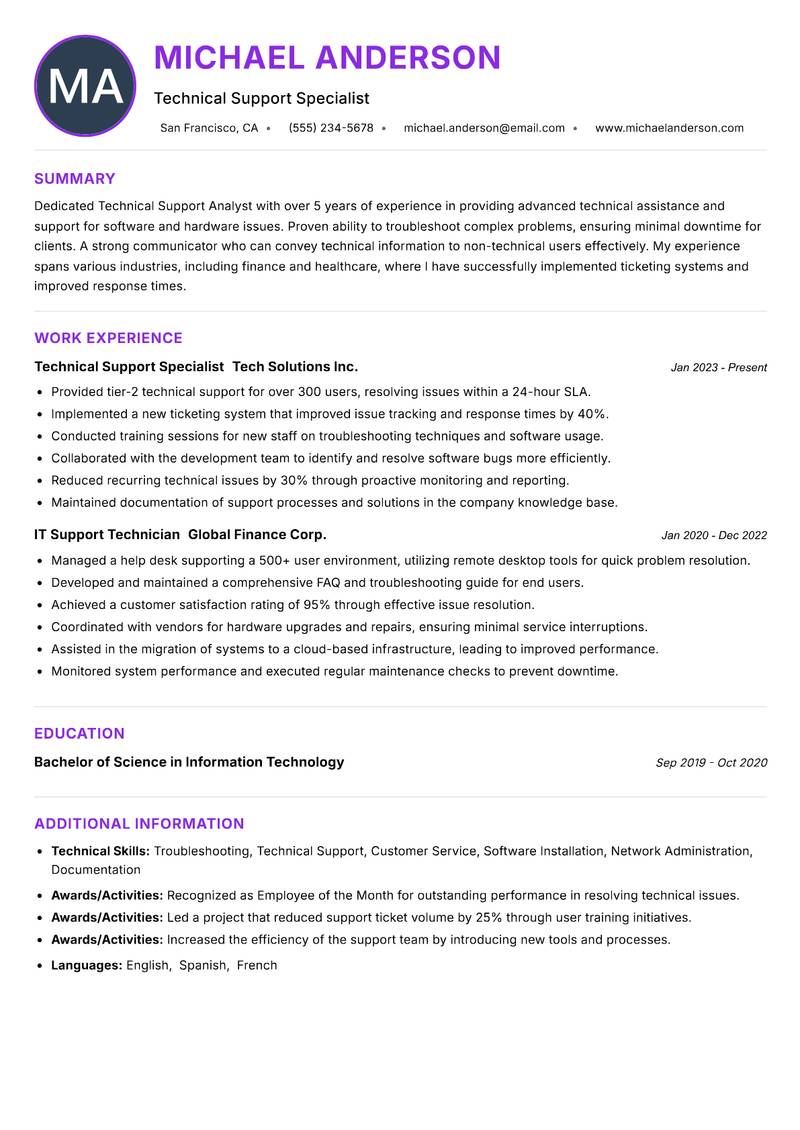 Technical Support Analyst resume example