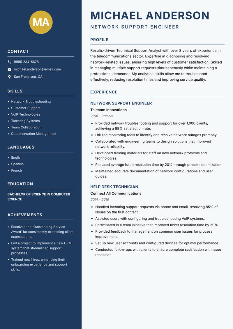 Technical Support Analyst resume sample — Network Support Engineer focus