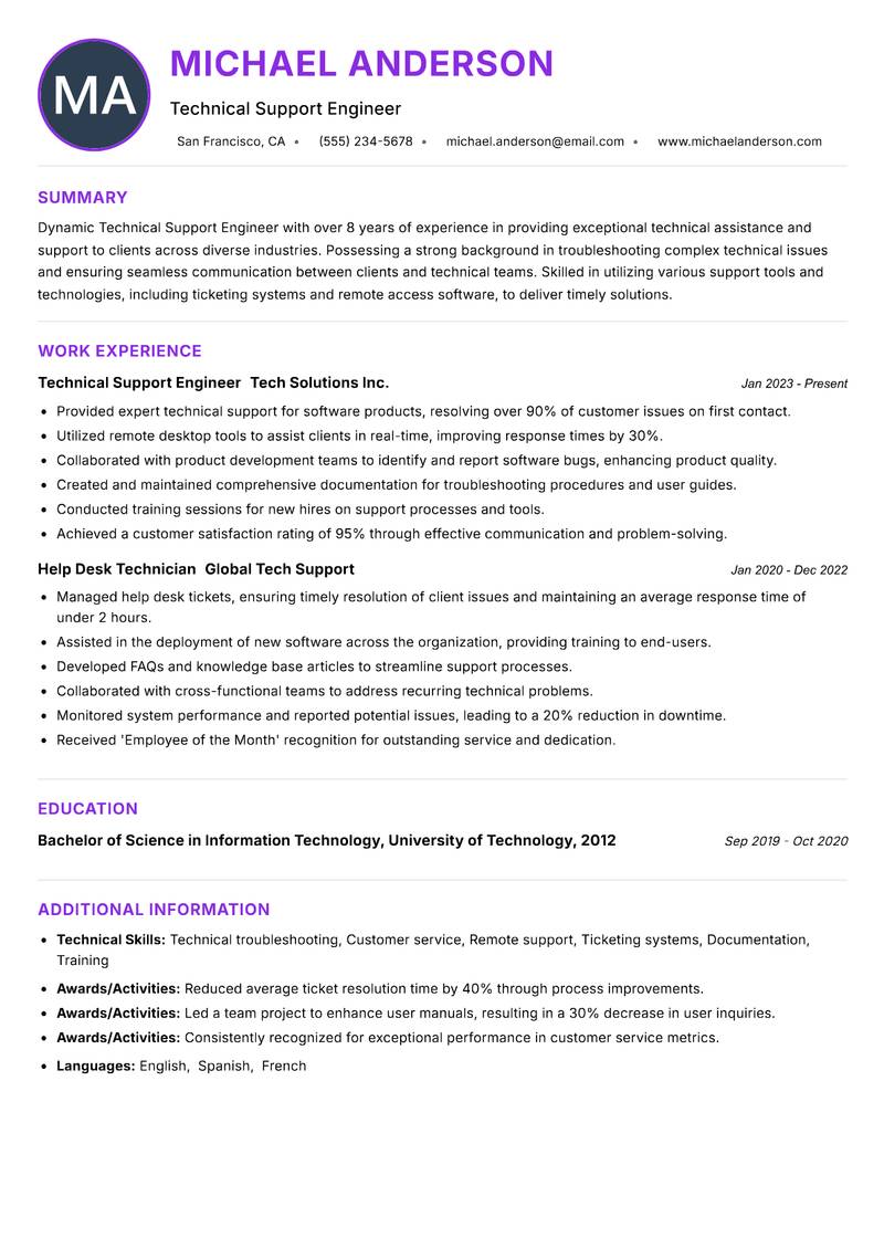 Technical Support Engineer resume example