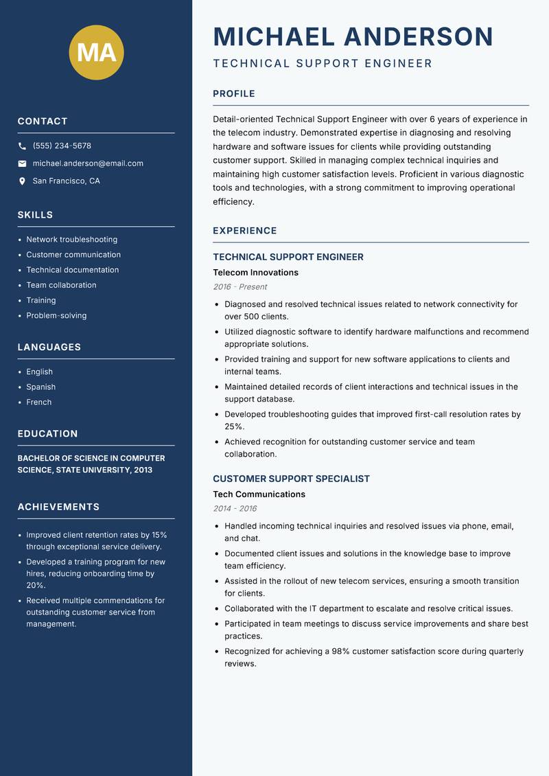 Technical Support Engineer resume sample — Technical Support Engineer focus