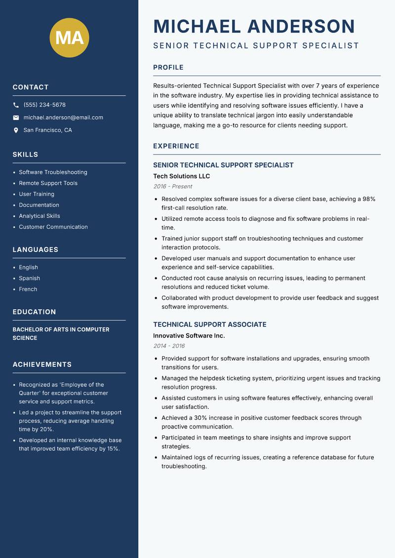 Technical Support Specialist resume sample — Senior Technical Support Specialist focus