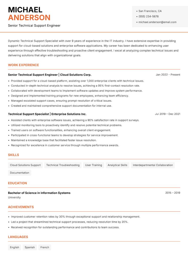 Technical Support Specialist resume sample — Senior Technical Support Engineer focus