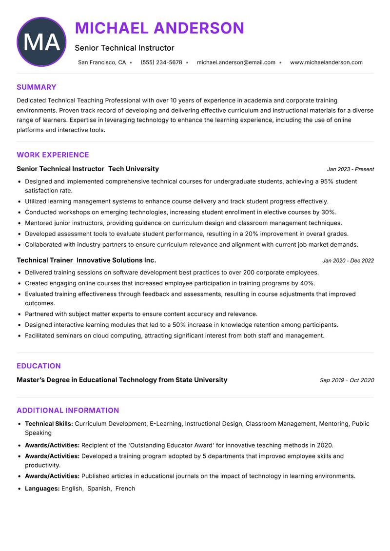 Technical Teaching Professional resume example