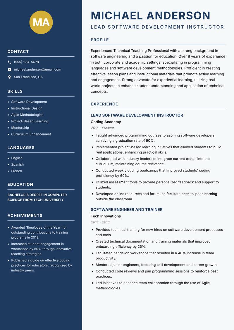 Technical Teaching Professional resume sample — Lead Software Development Instructor focus