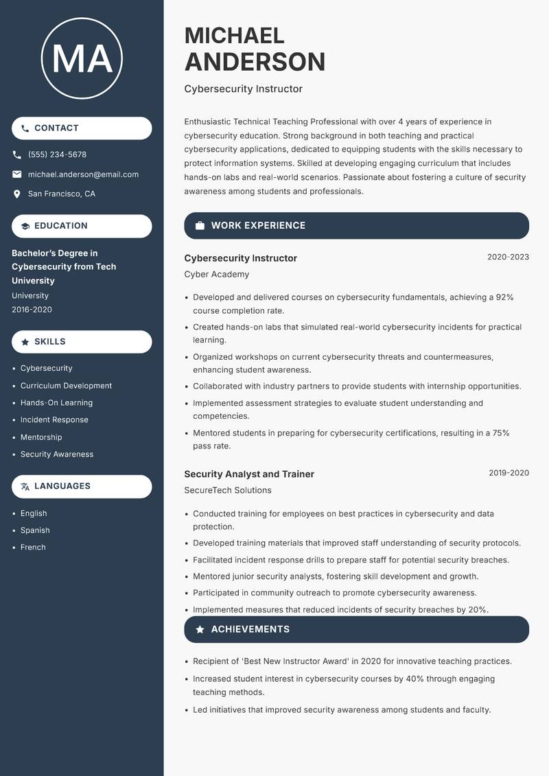 Technical Teaching Professional resume sample — Cybersecurity Instructor focus