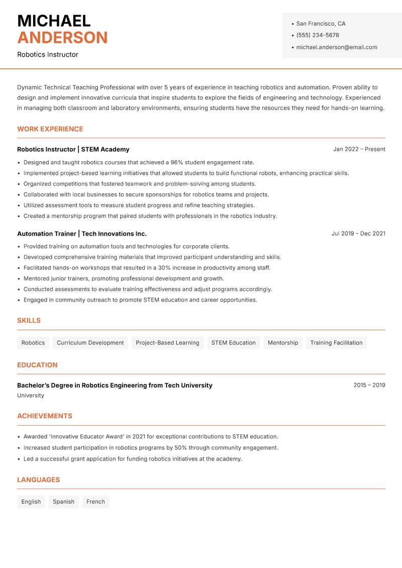 Technical Teaching Professional resume sample — Robotics Instructor focus