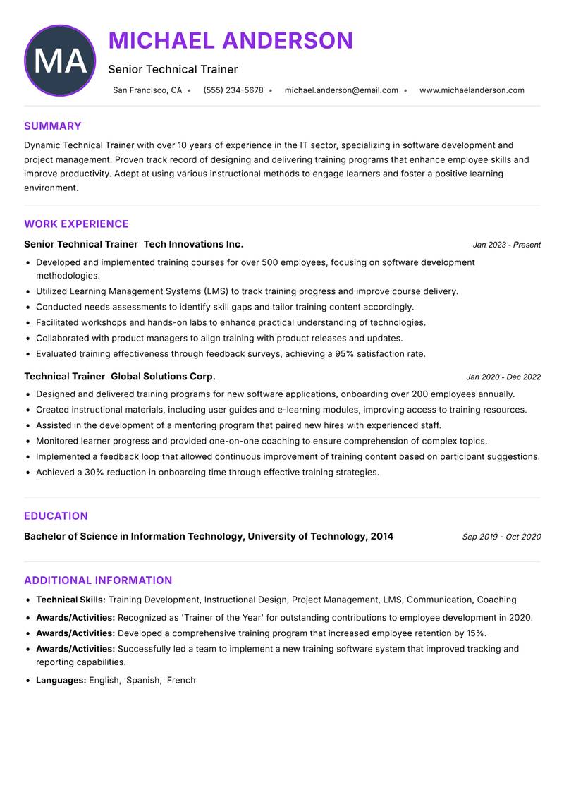 Technical Trainer resume example