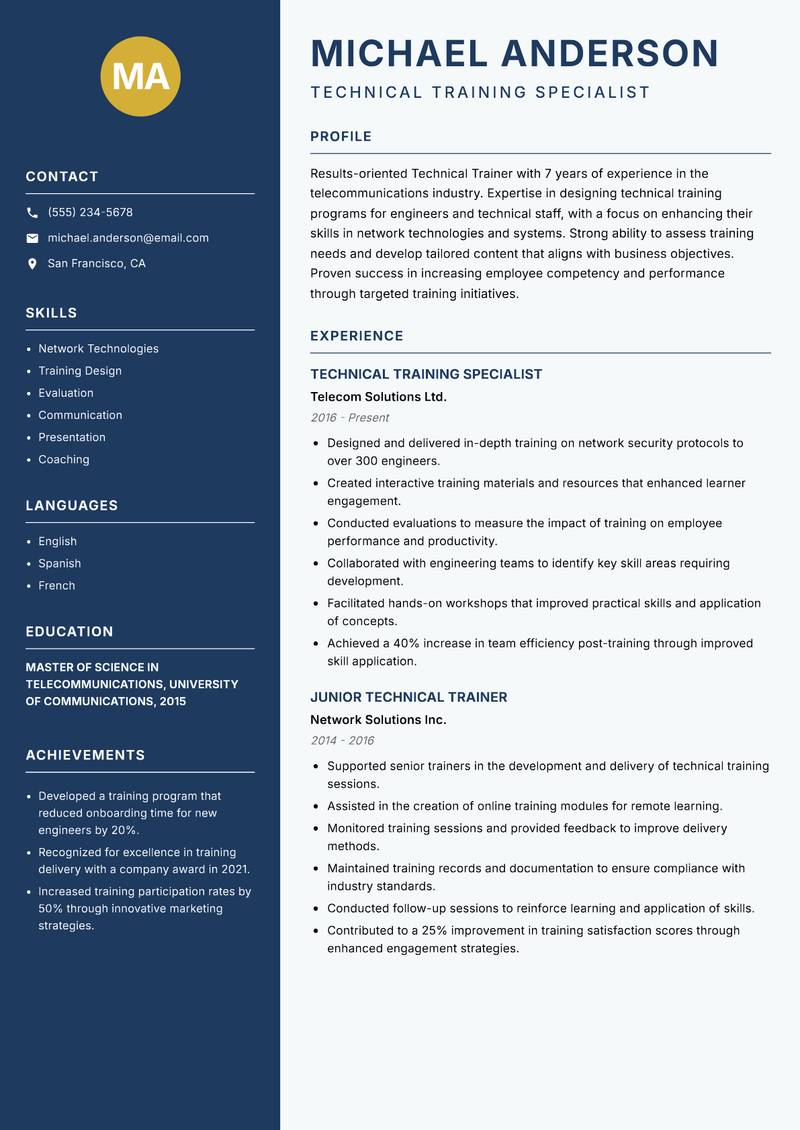 Technical Trainer resume sample — Technical Training Specialist focus