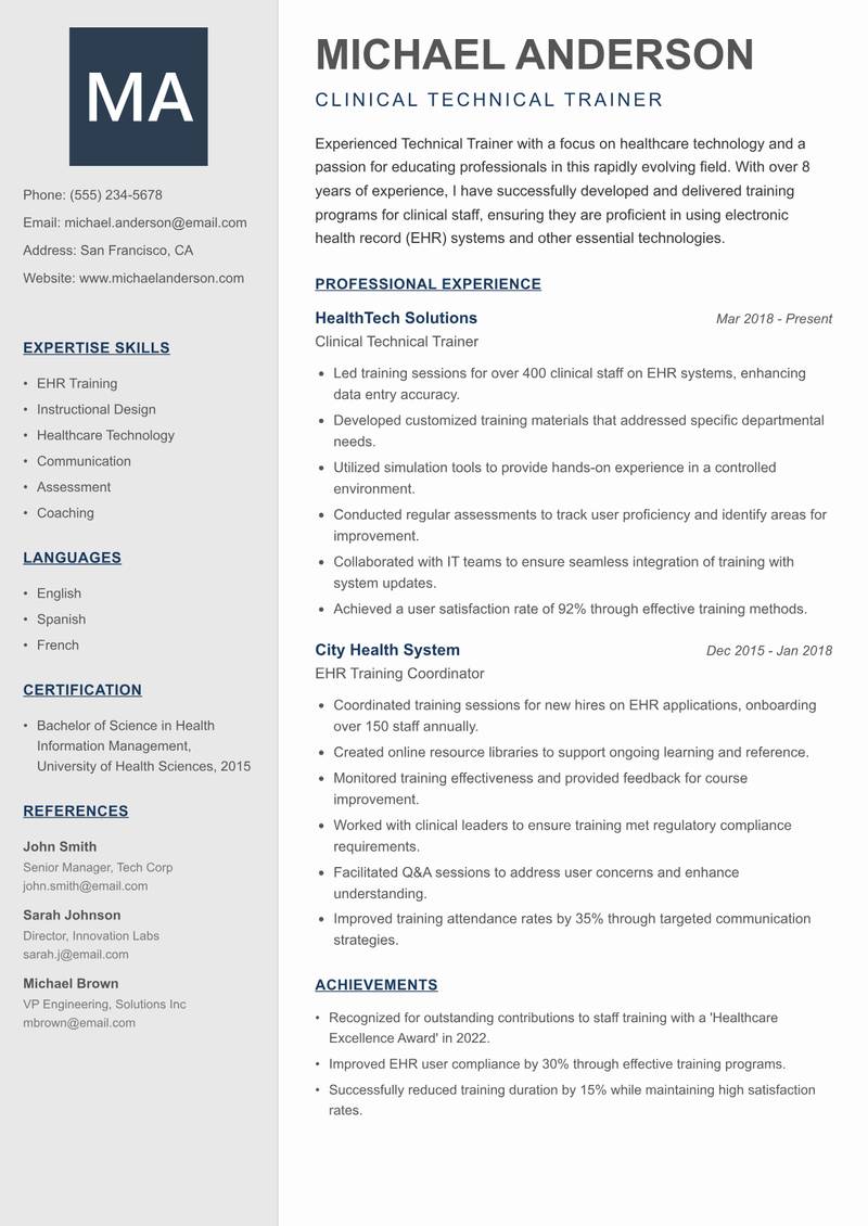 Technical Trainer resume sample — Clinical Technical Trainer focus