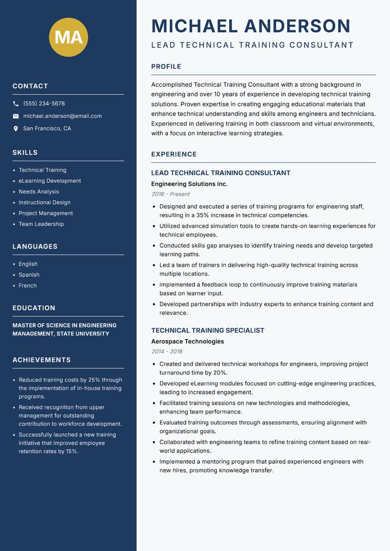 Technical Training Consultant resume sample — Lead Technical Training Consultant focus